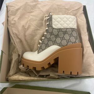 Gucci Cream Quilted Leather & GG Canvas Lug Sole Ankle Boots with Brown Platform